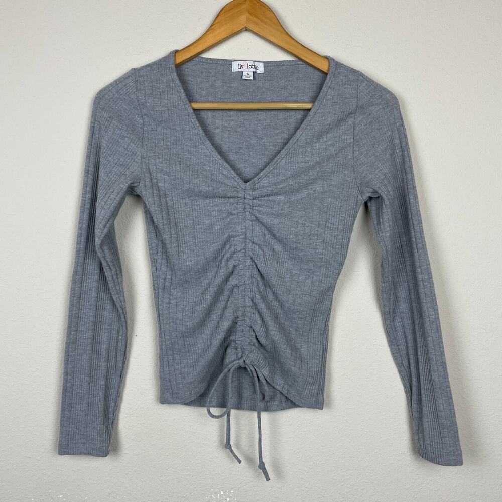 Liv & Lottie Y2K Ribbed Ruched Drawstring V-Neck‎ Long Sleeve Top Gray XS